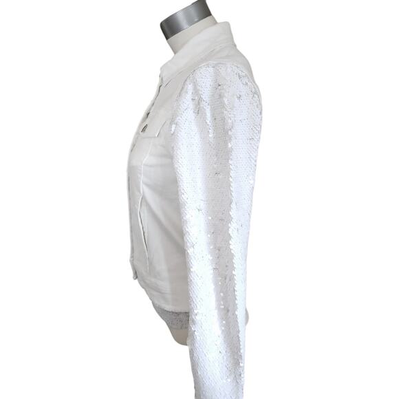 GENERATION LOVE Rosie sequined sleeve white raw hem denim jeans jacket Sz XS NEW - Picture 2 of 9